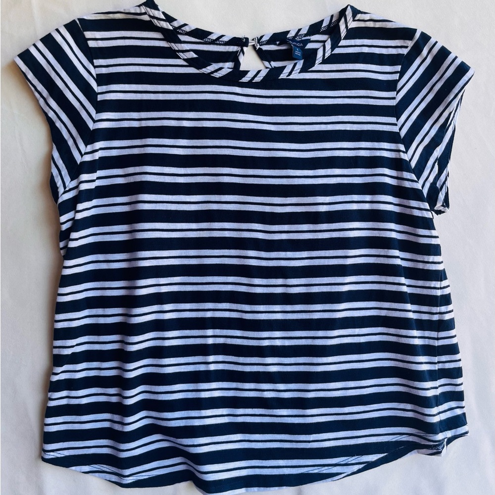 Nautica Navy and White Striped Cap Sleeve Tee
